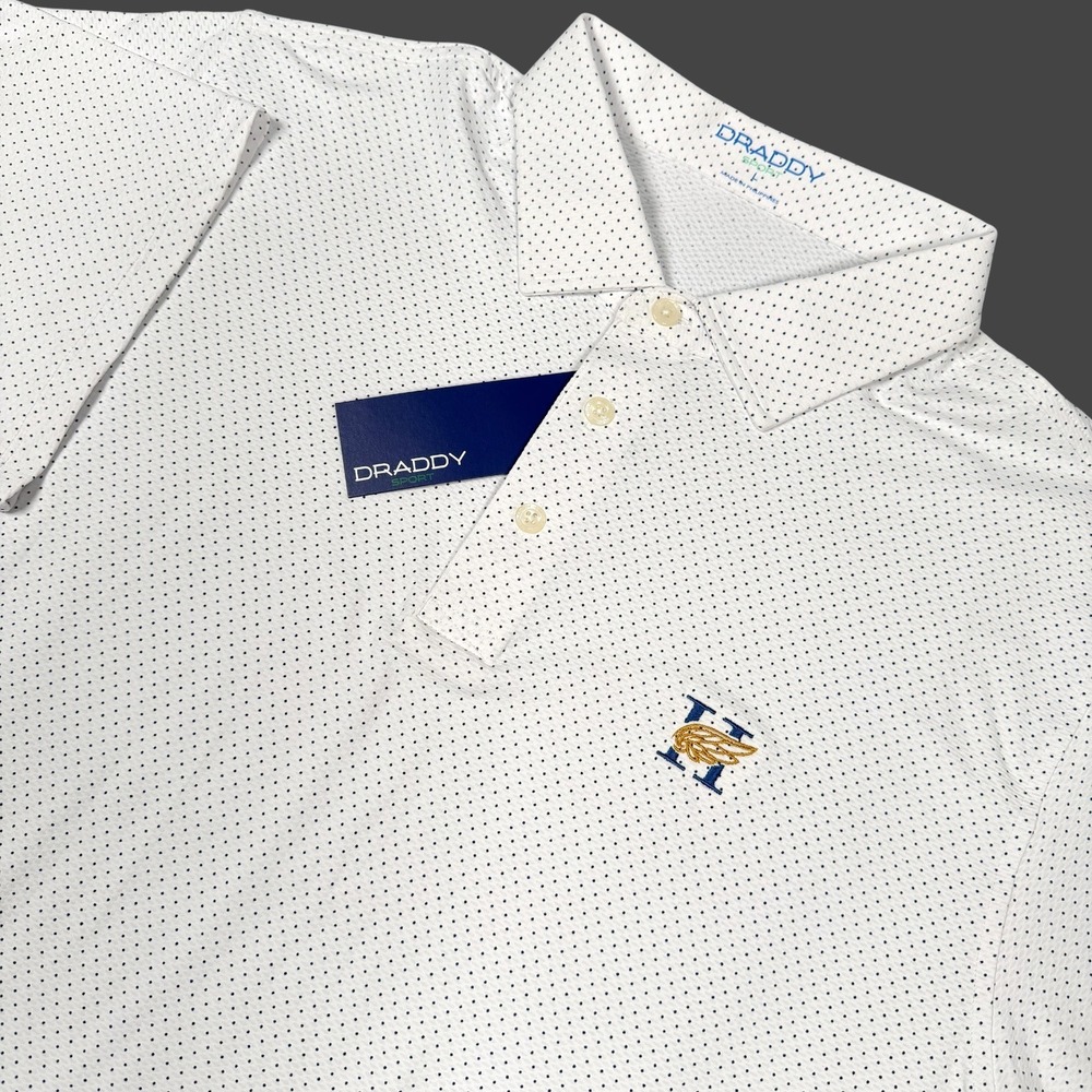 Draddy Sport Captain Cool Polo Mens Large White Polka Dot Embroidered H Wings